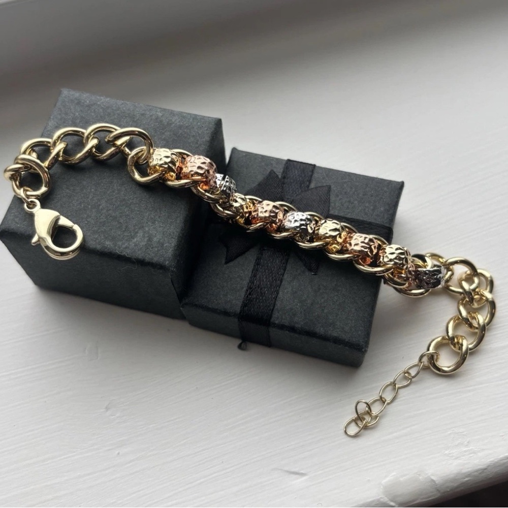 Gold Plated Chunky Chain Bracelet Mixed Metal Textured Links Statement Toggle - Picture 3 of 10